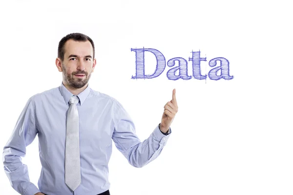 Data - Young businessman with blue text — Stock Photo, Image