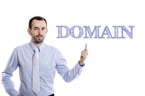 DOMAIN - Young businessman with blue text — Stock Photo, Image