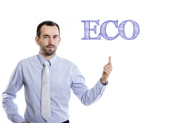Eco - fiatal üzletember, kék szöveggel — Stock Fotó