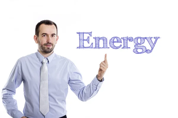 Energie - mladý podnikatel s modrým textem — Stock fotografie