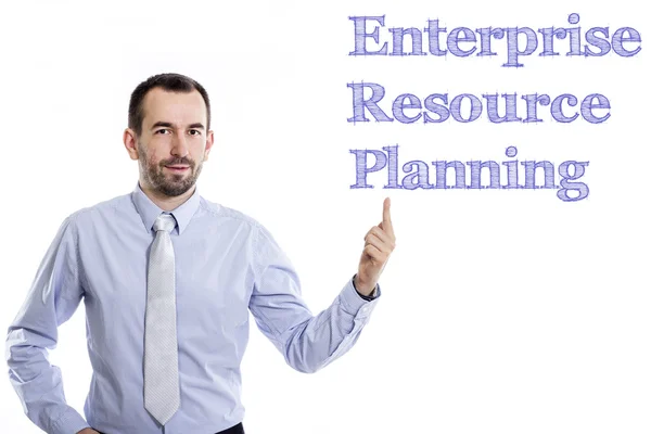 Enterprise Resource Planning Erp - jonge zakenman met kleine baard omhoog in blauw shirt — Stockfoto