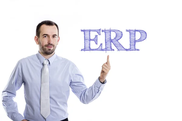 ERP - Joven hombre de negocios con barba pequeña apuntando hacia arriba en camisa azul —  Fotos de Stock