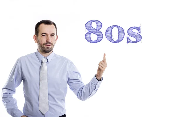 80s - jonge zakenman met blauwe tekst — Stockfoto