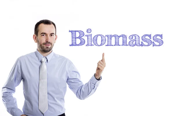 Biomassa - Jovem empresário com texto azul — Fotografia de Stock