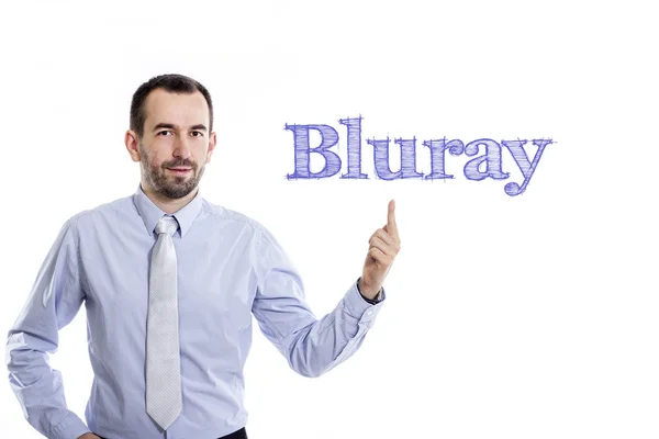 Bluray - Young businessman with blue text — Stock Photo, Image