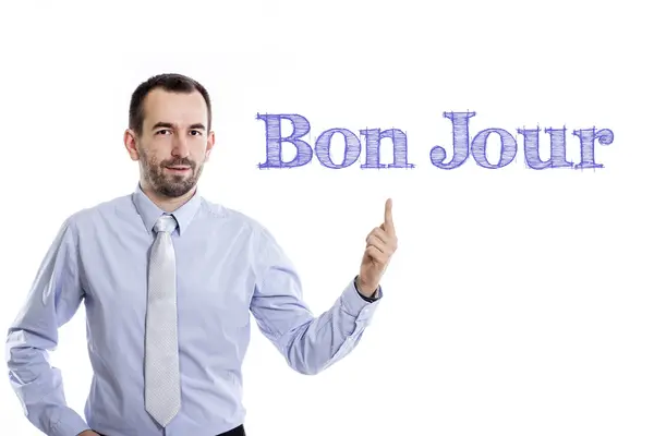 Bon Jour - Giovane imprenditore con testo blu — Foto Stock