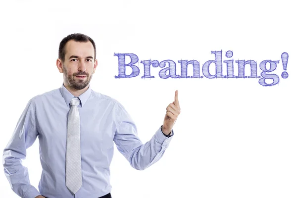 Branding! - Young businessman with blue text — Stock Photo, Image