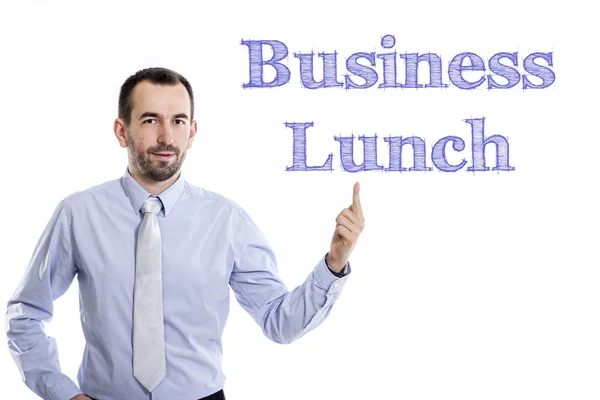 Business Lunch - Young businessman with blue text — Stock Photo, Image