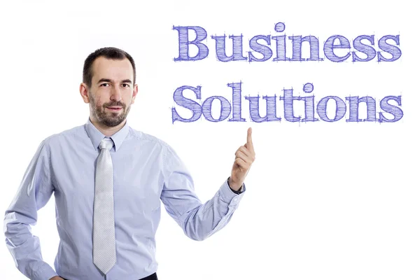 Business Solutions - ung affärsman med blå text — Stockfoto