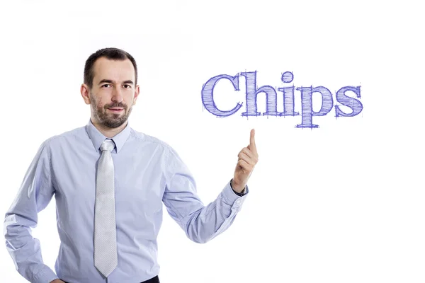 Chips - Young businessman with blue text — Stock Photo, Image