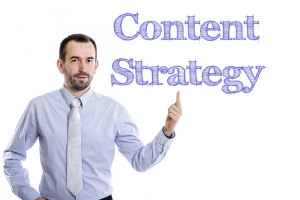Стратегія контенту - молодий бізнесмен з синім текстом — стокове фото