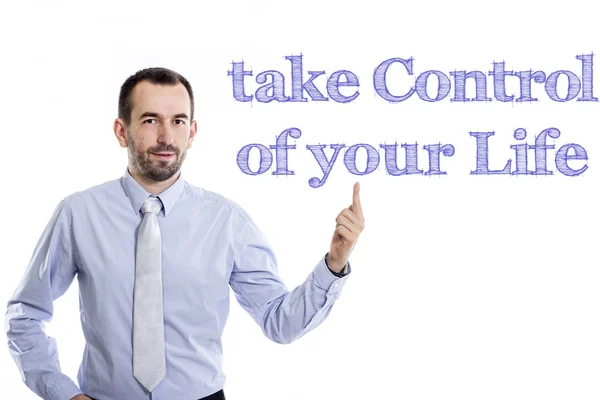 Neem controle van uw leven - jonge zakenman met blauwe tekst — Stockfoto