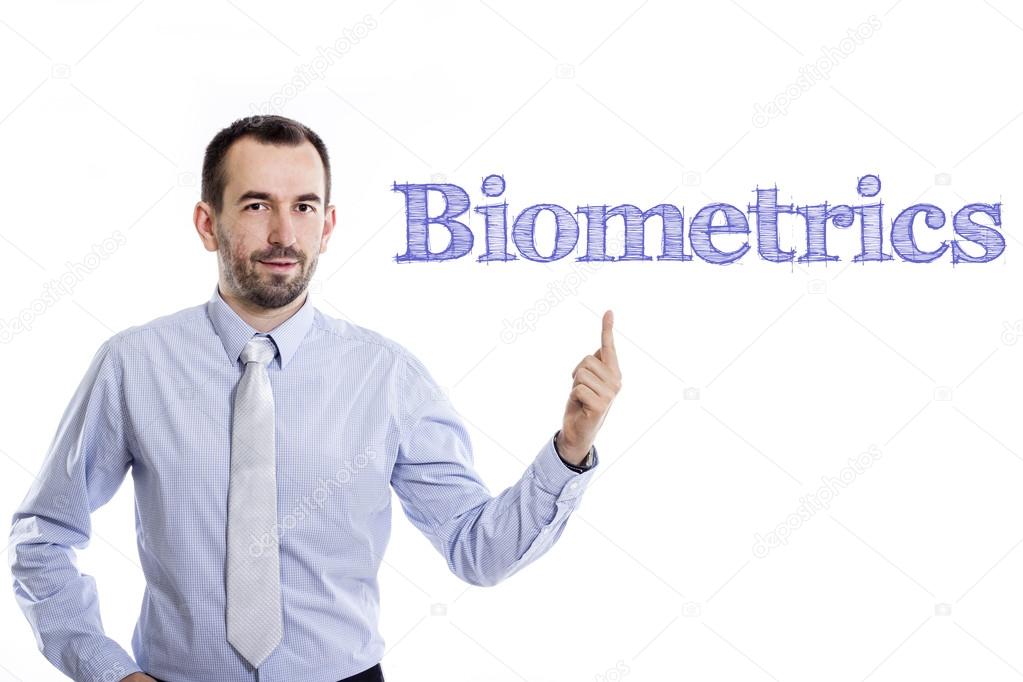 Biometrics - Young businessman with blue text