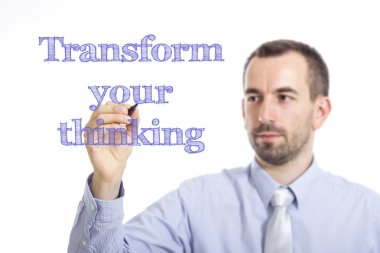 Sizin düşünme - dönüşümü genç işadamı mavi metin yazma