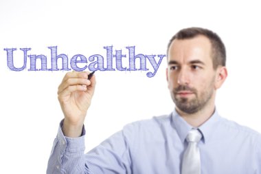 Sağlıksız - genç işadamı mavi metin yazma