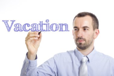 Tatil - genç işadamı mavi metin yazma