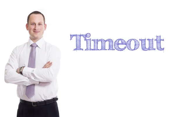 Timeout - молодий бізнесмен з синім текстом — стокове фото