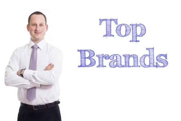 Top Brands - Young businessman with blue text — Stock Photo, Image