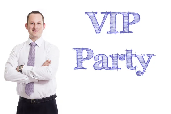 Vip party - junger Geschäftsmann mit blauem Text — Stockfoto