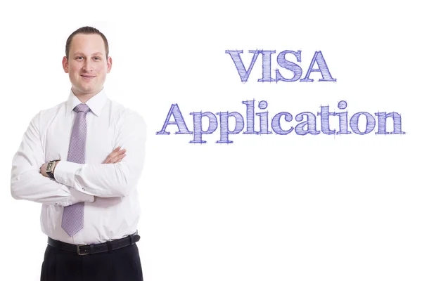 Toepassing van het visum - jonge zakenman met blauwe tekst — Stockfoto