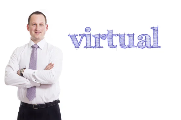 Віртуальний - молодий бізнесмен з синім текстом — стокове фото