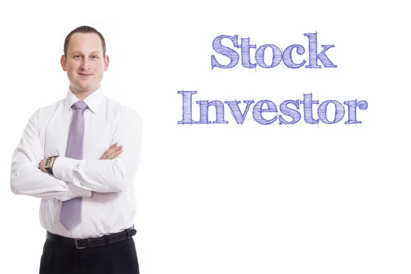 Stock Investor - Young businessman with blue text — Stock Photo, Image