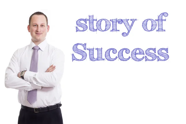 Storia di successo - Giovane imprenditore con testo blu — Foto Stock