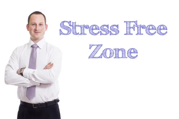 Stress Free Zone - ung affärsman med blå text — Stockfoto