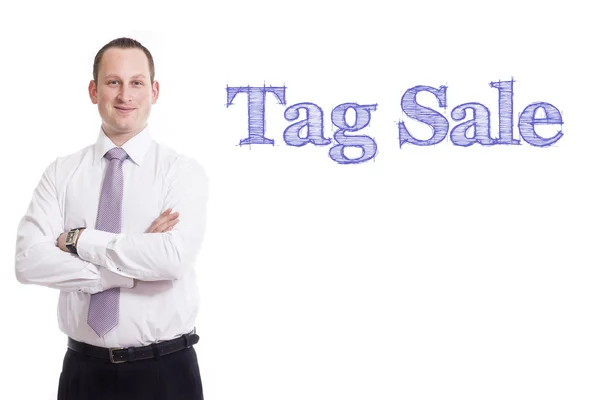 Πώληση Tag - νέος επιχειρηματίας με μπλε κείμενο — Φωτογραφία Αρχείου