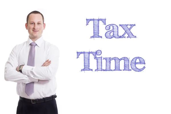 Φορολογικές χρόνο - νέος επιχειρηματίας με μπλε κείμενο — Φωτογραφία Αρχείου
