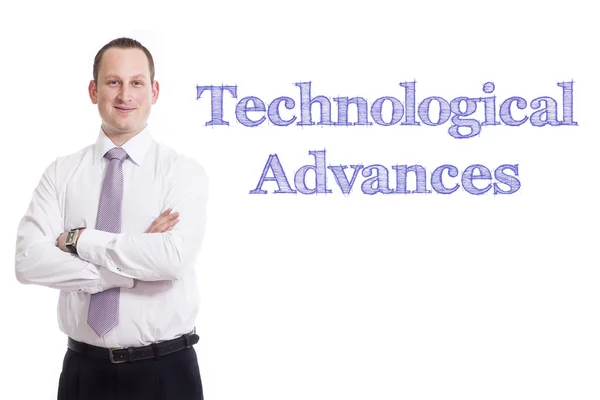 Технологические достижения - Молодой бизнесмен с синим текстом — стоковое фото
