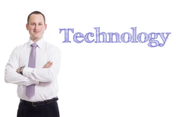 Technology - Young businessman with blue text — Stock Photo, Image