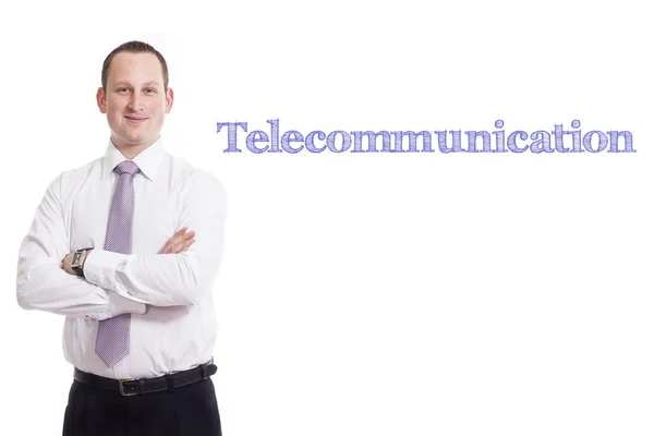 Telecomunicaciones - Joven empresario con texto azul —  Fotos de Stock