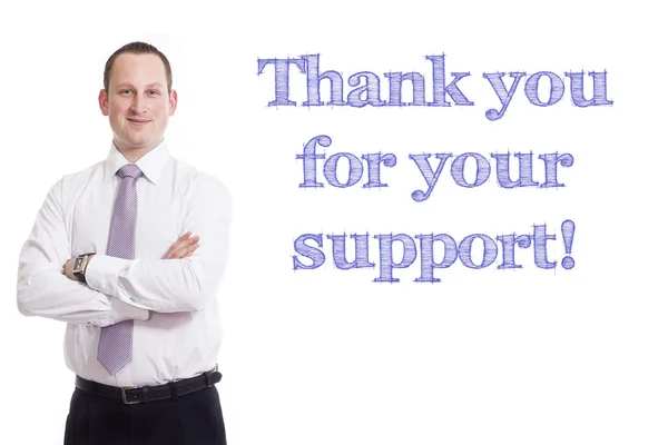 Dank u voor uw steun! -Jonge zakenman met blauwe tekst — Stockfoto