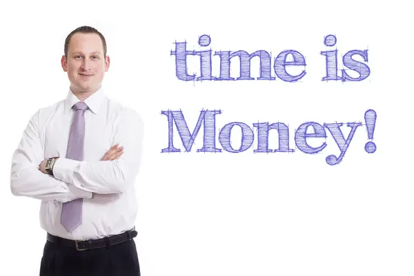 Время деньги! - Молодой бизнесмен с синим текстом — стоковое фото