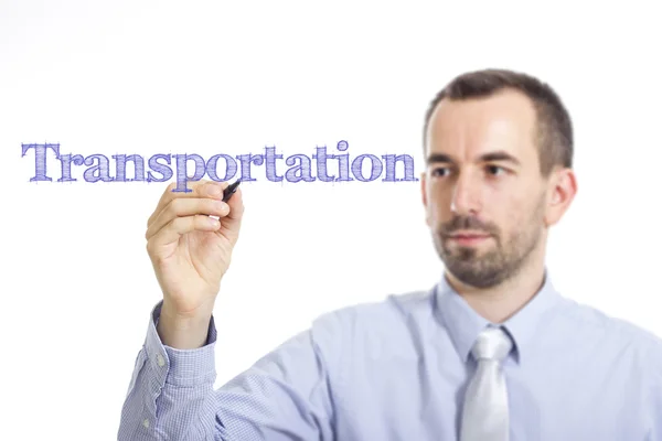 Transport - junger Geschäftsmann schreibt blauen Text — Stockfoto