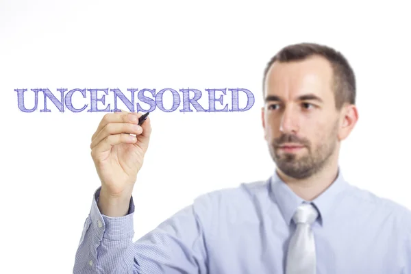 UNCENSORED - Giovane imprenditore che scrive testo blu — Foto Stock