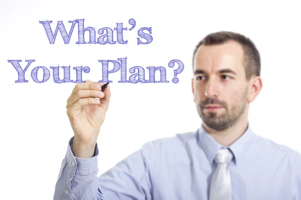 Was ist Ihr Plan? - junger Geschäftsmann schreibt blauen Text — Stockfoto