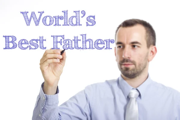 World 's Best Father - Young businessman writing blue text — стоковое фото