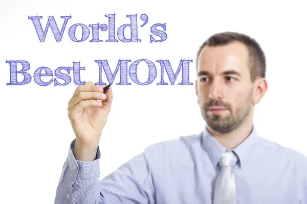 Die beste Mutter der Welt - junger Geschäftsmann schreibt blauen Text — Stockfoto