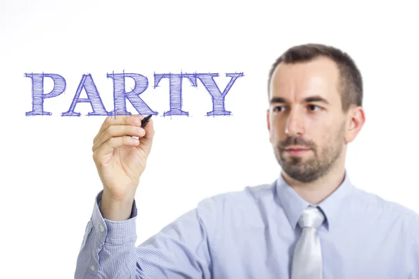 Party - junger Geschäftsmann schreibt blauen Text — Stockfoto