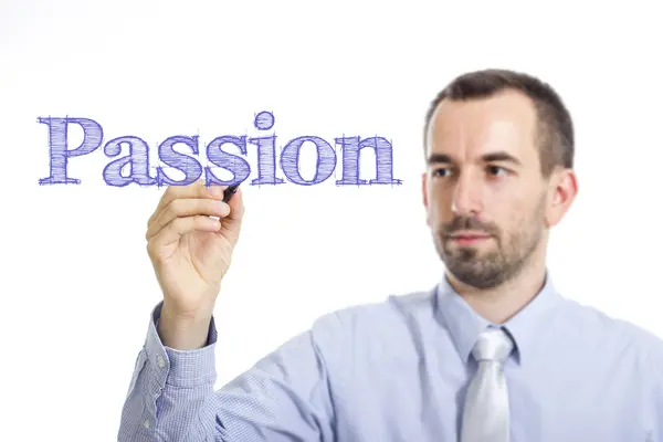 Passion - Young businessman writing blue text — Stock Photo, Image