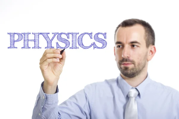 Fysik - ung affärsman skriver blå text — Stockfoto