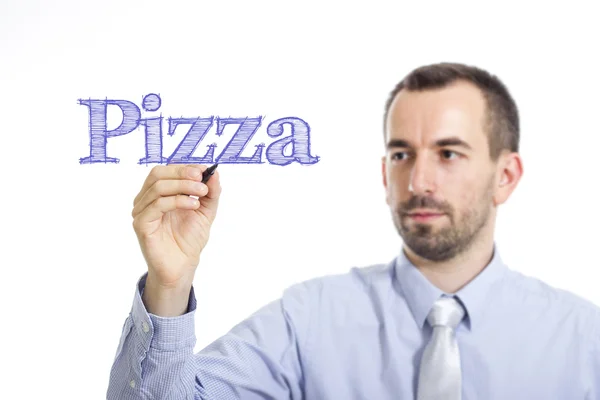 Піца - молодий бізнесмен пише синій текст — стокове фото