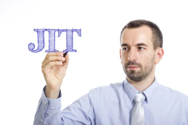 Jit - junger Geschäftsmann schreibt blauen Text — Stockfoto