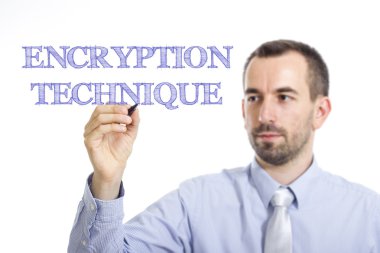 ENCRYPTION TECHNIQUE - Young businessman writing blue text on transparent surface