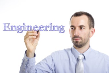Engineering - Young businessman writing blue text on transparent surface