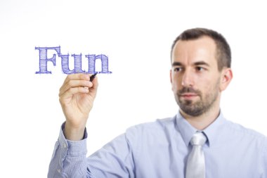 Eğlence - genç işadamı mavi metin yazma