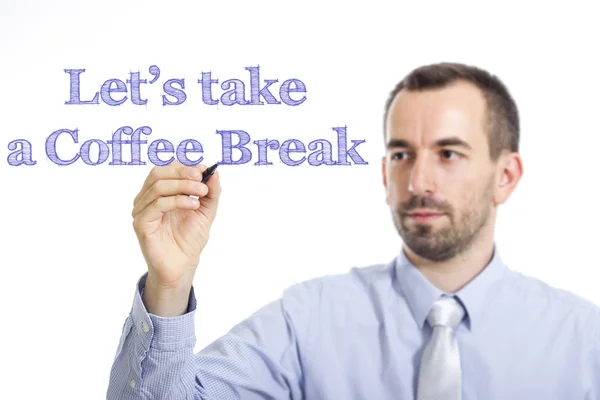 Tomemos un descanso del café - Joven hombre de negocios escribiendo texto azul en la superficie transparente —  Fotos de Stock