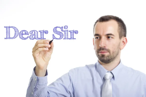 Dear Sir, - Young businessman writing blue text on transparent surface — Stock fotografie